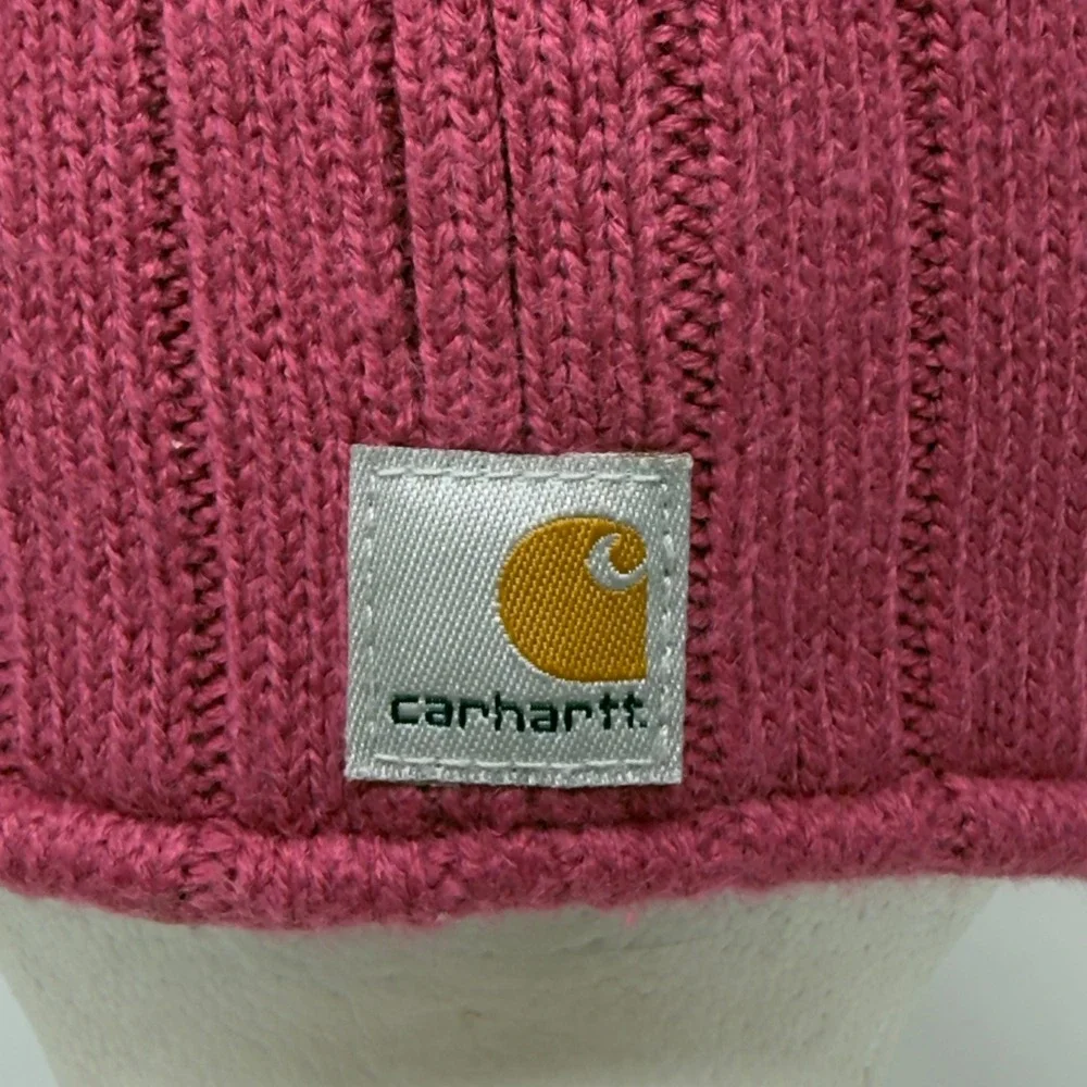 Carhartt Girls Pink Ribbed Winter Trapper‎ Hat with Sherpa Lining and Embroidery